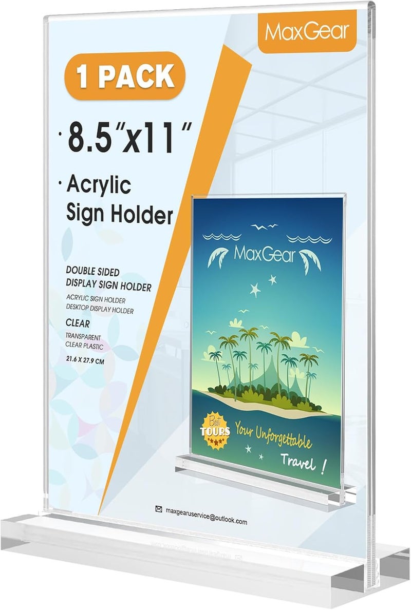 MaxGear Acrylic Sign Holder 8.5 X 11 Inches 1 Pack, Double Sided Plastic Display Stands Table Top Acrylic Frame, Clear Paper Holder Menu Flyer Stand for Stores, Restaurants, Hotels, Office - Image 1